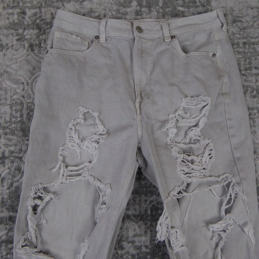 American Eagle Mom Jeans Size 12 Gray Light Wash Stretch Destroyed Distressed - Picture 2 of 16